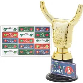 12 Pack Ugly Christmas Sweater Trophy Award with Stickers for Party Decorations, Ugly Sweater Kit