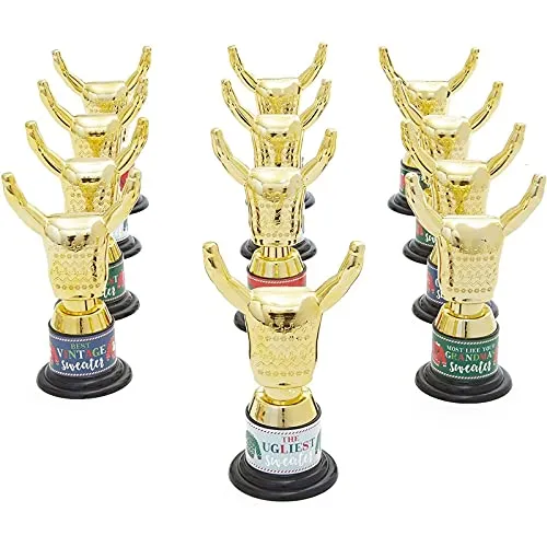 12 Pack Ugly Christmas Sweater Trophy Award with Stickers for Party Decorations, Ugly Sweater Kit