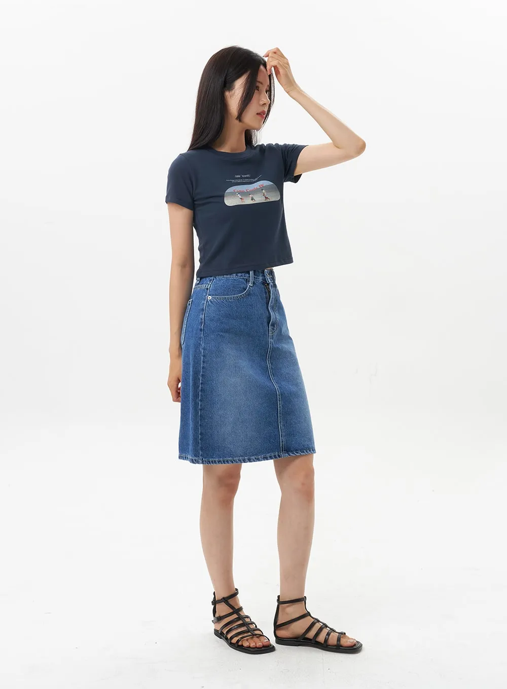 A-Line Denim Midi Skirt OU328