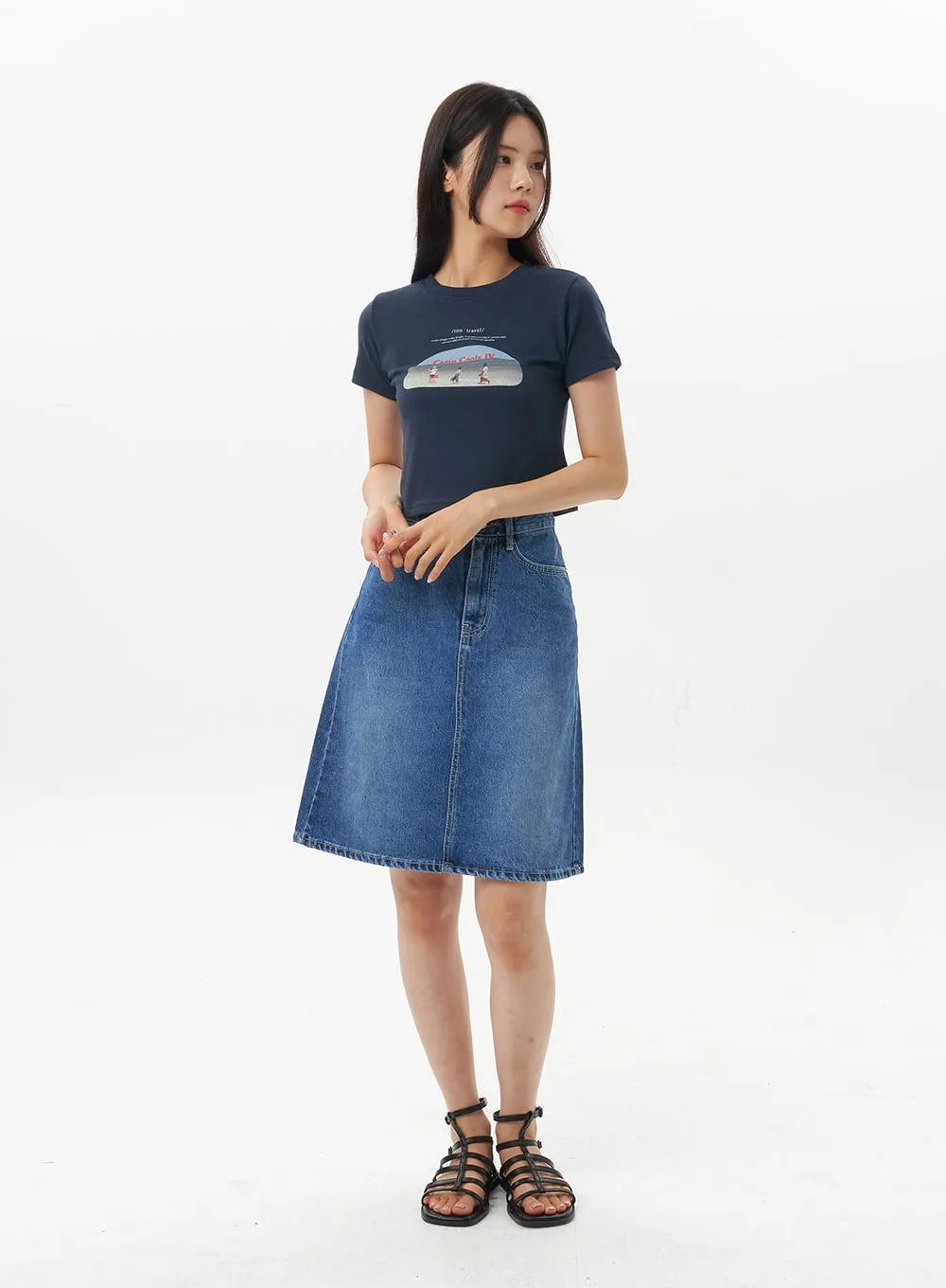 A-Line Denim Midi Skirt OU328