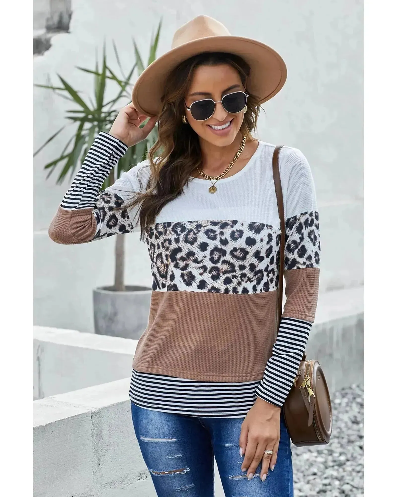 Azura Exchange Leopard Splicing Color block Long Sleeve Top - S