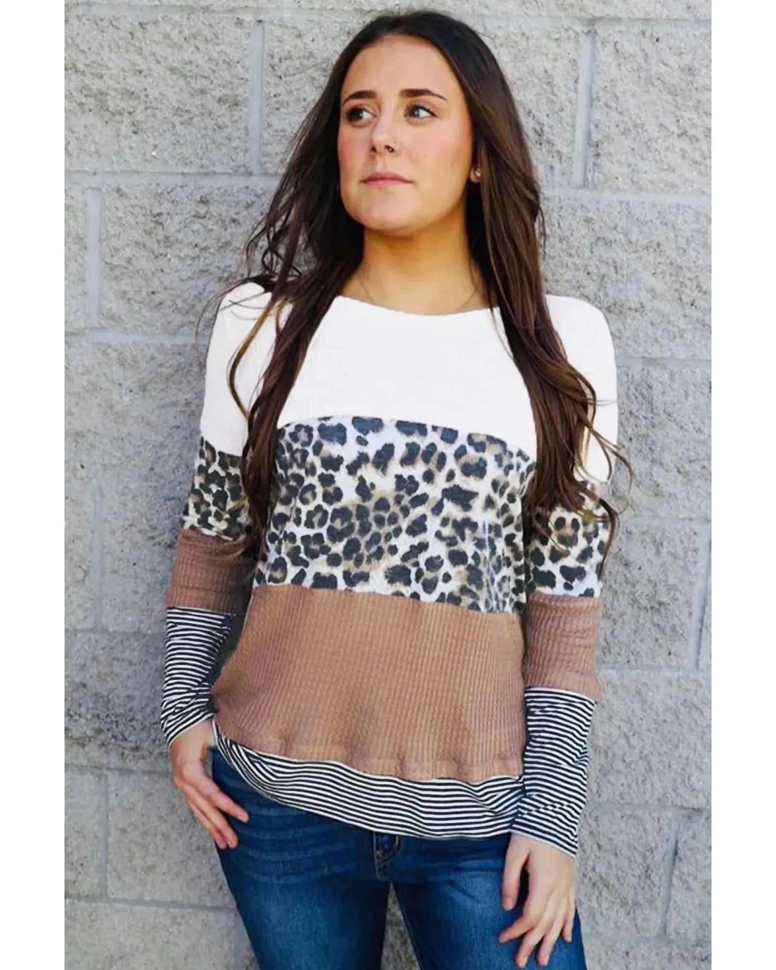 Azura Exchange Leopard Splicing Color block Long Sleeve Top - S