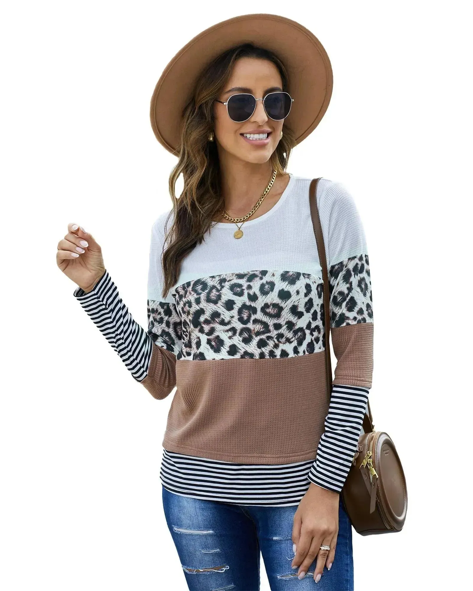 Azura Exchange Leopard Splicing Color block Long Sleeve Top - S