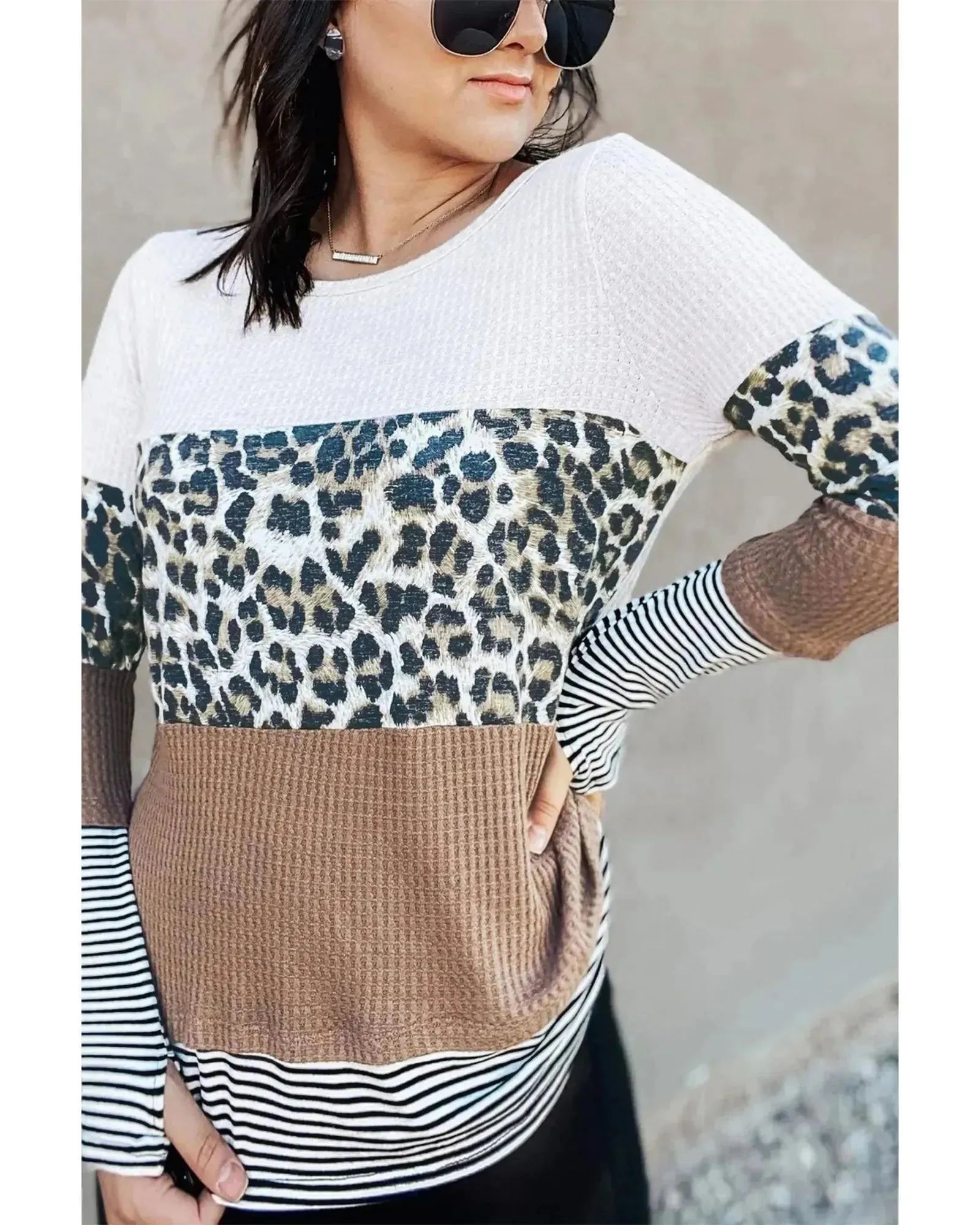 Azura Exchange Leopard Splicing Color block Long Sleeve Top - S