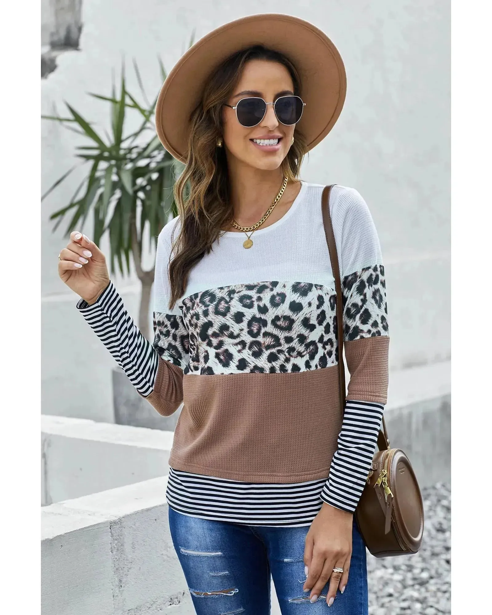 Azura Exchange Leopard Splicing Color block Long Sleeve Top - S