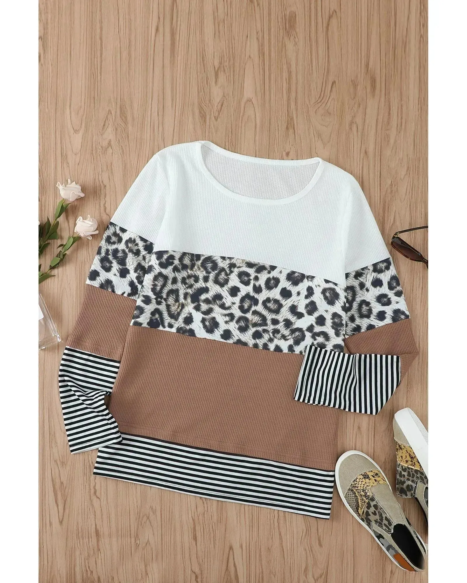 Azura Exchange Leopard Splicing Color block Long Sleeve Top - S