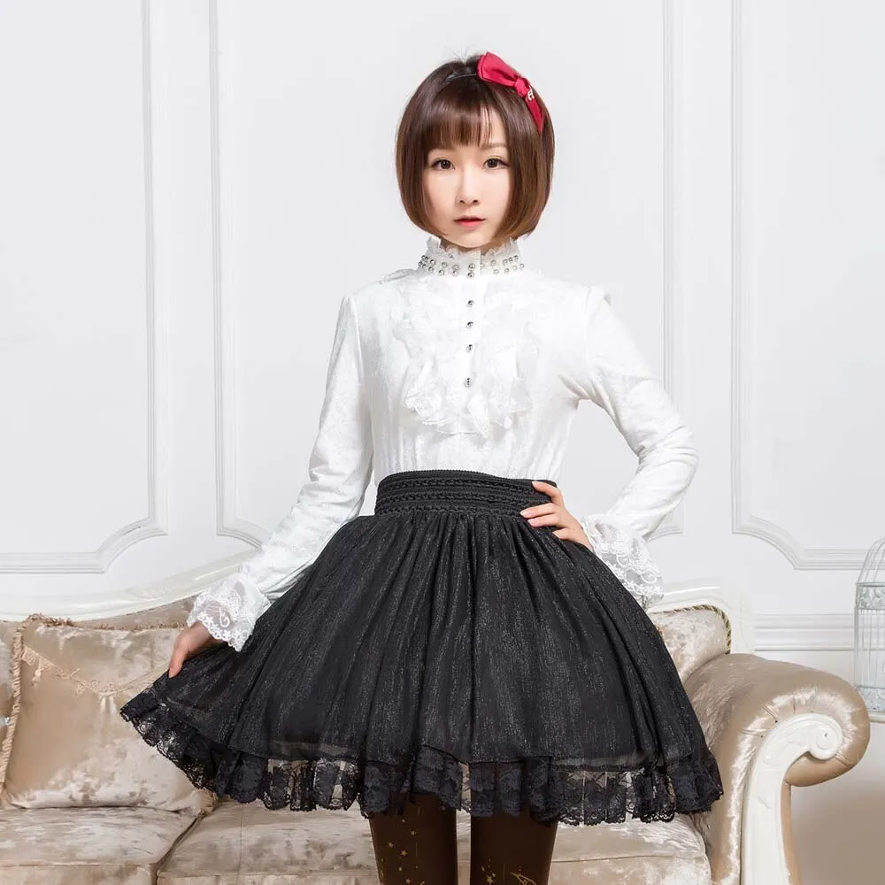 Beautiful Black Bling Bling Glittering Short Skirt Mori Girl Mini Skirt with Lace Trimming