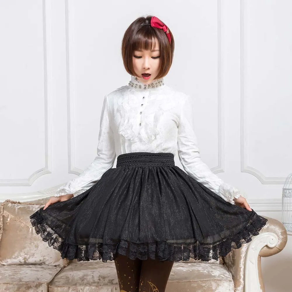 Beautiful Black Bling Bling Glittering Short Skirt Mori Girl Mini Skirt with Lace Trimming