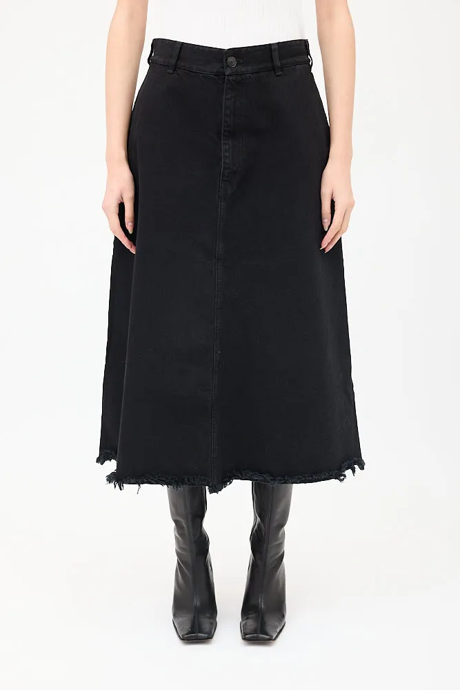 Black Denim A-Line Midi Skirt