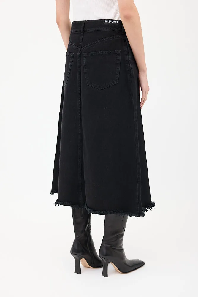 Black Denim A-Line Midi Skirt