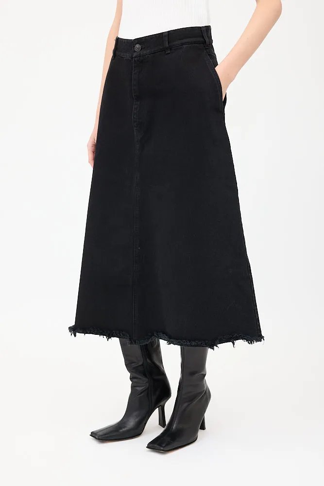 Black Denim A-Line Midi Skirt