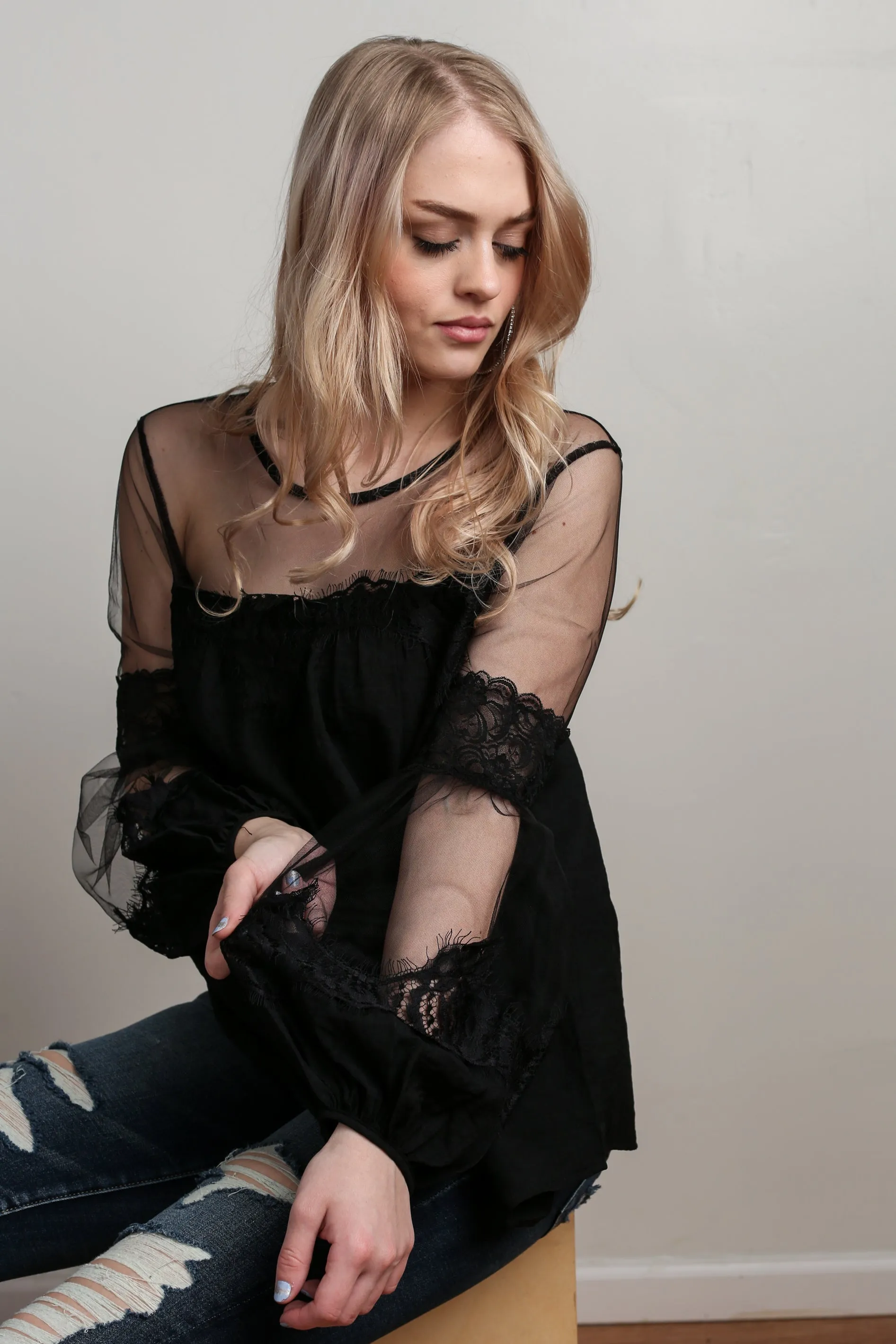 Black Lantern Sleeve Sheer Lace Top