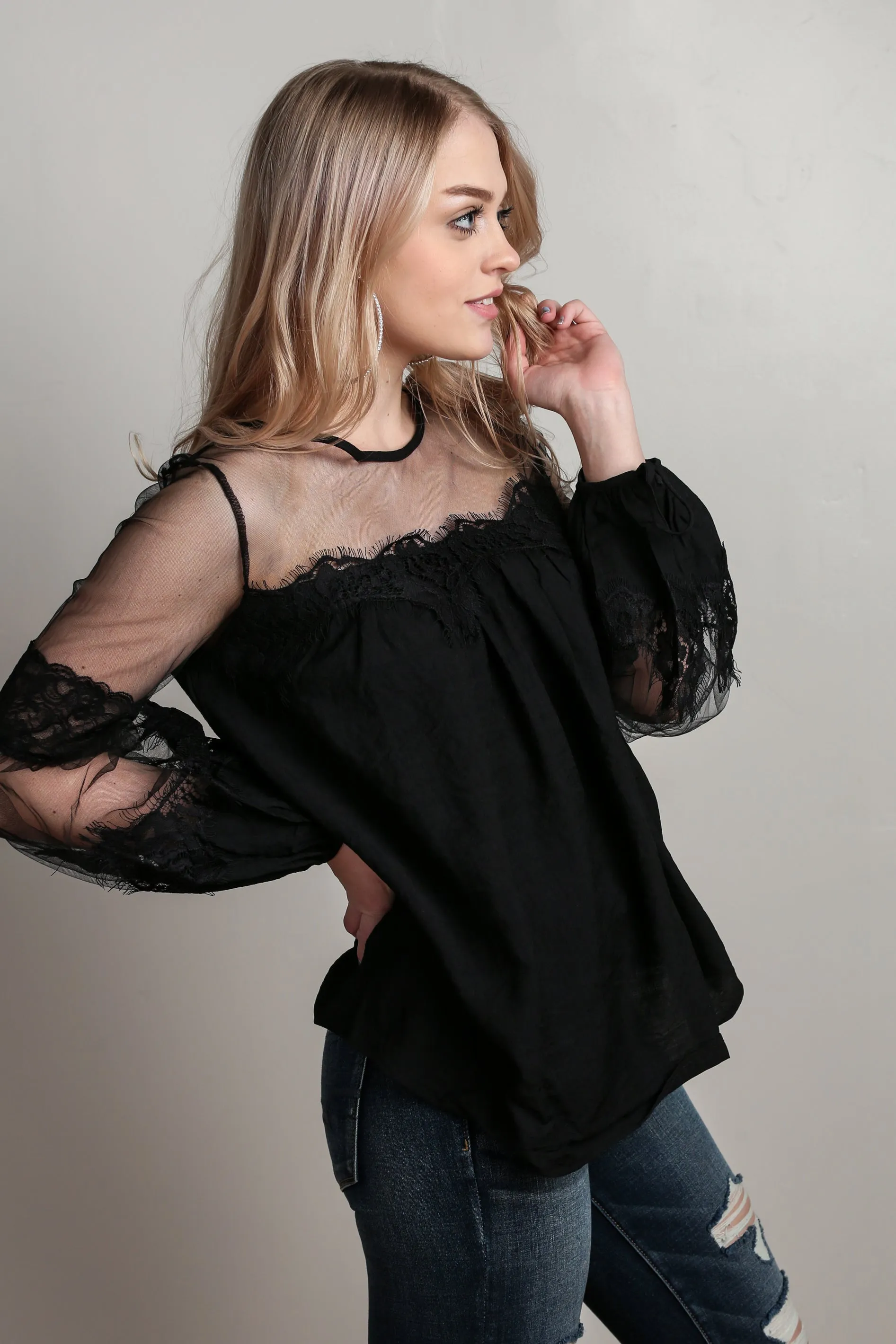 Black Lantern Sleeve Sheer Lace Top