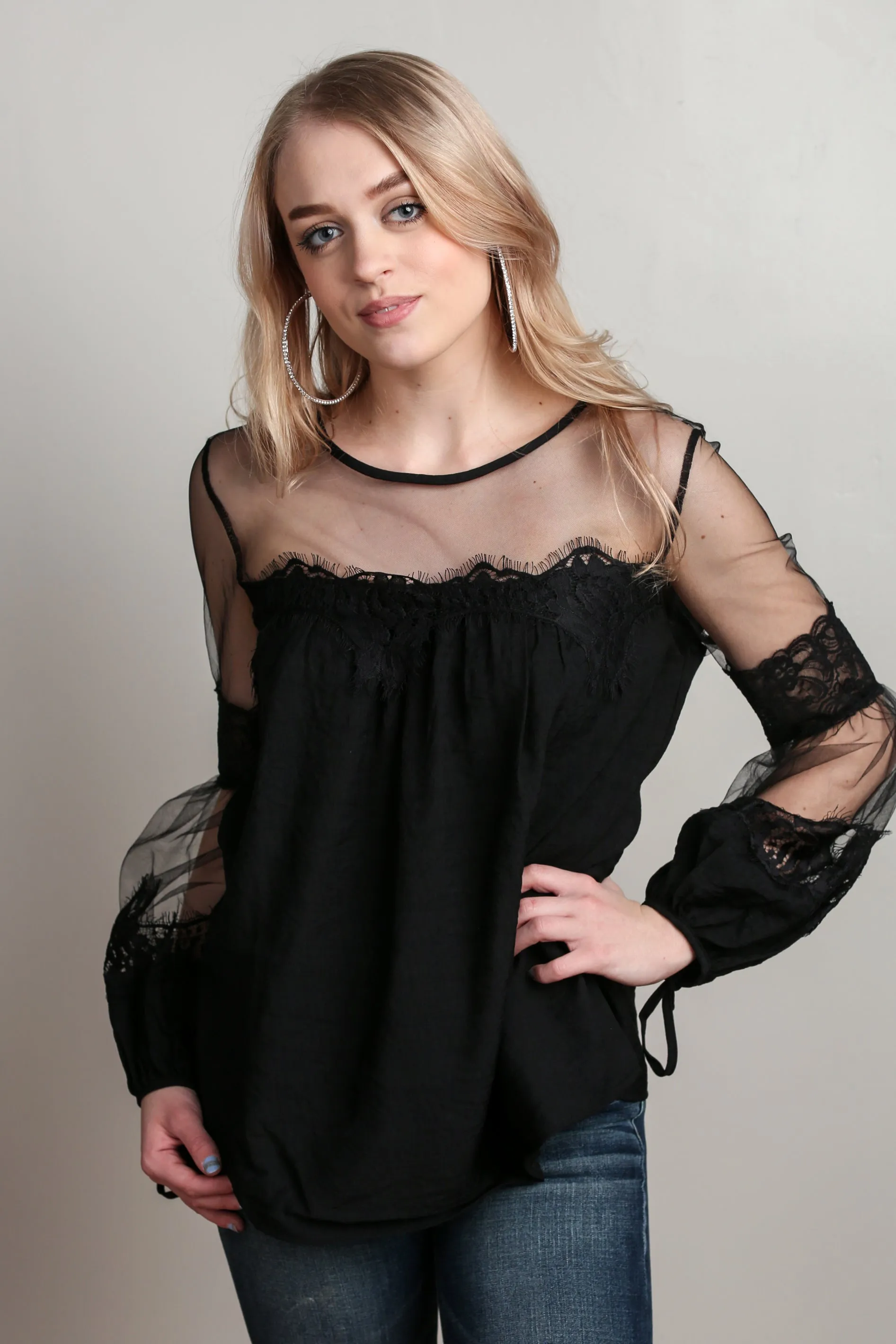 Black Lantern Sleeve Sheer Lace Top