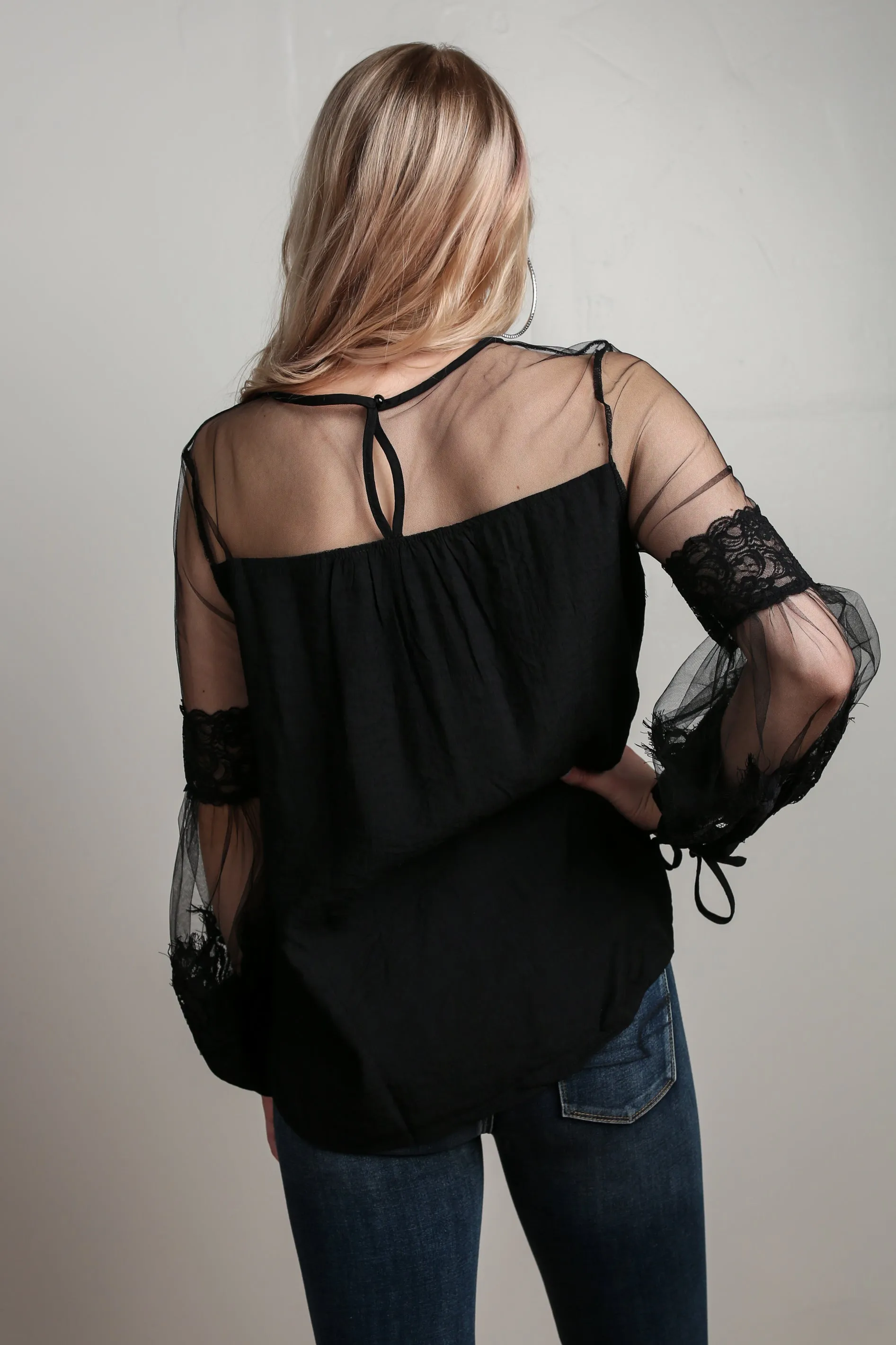 Black Lantern Sleeve Sheer Lace Top