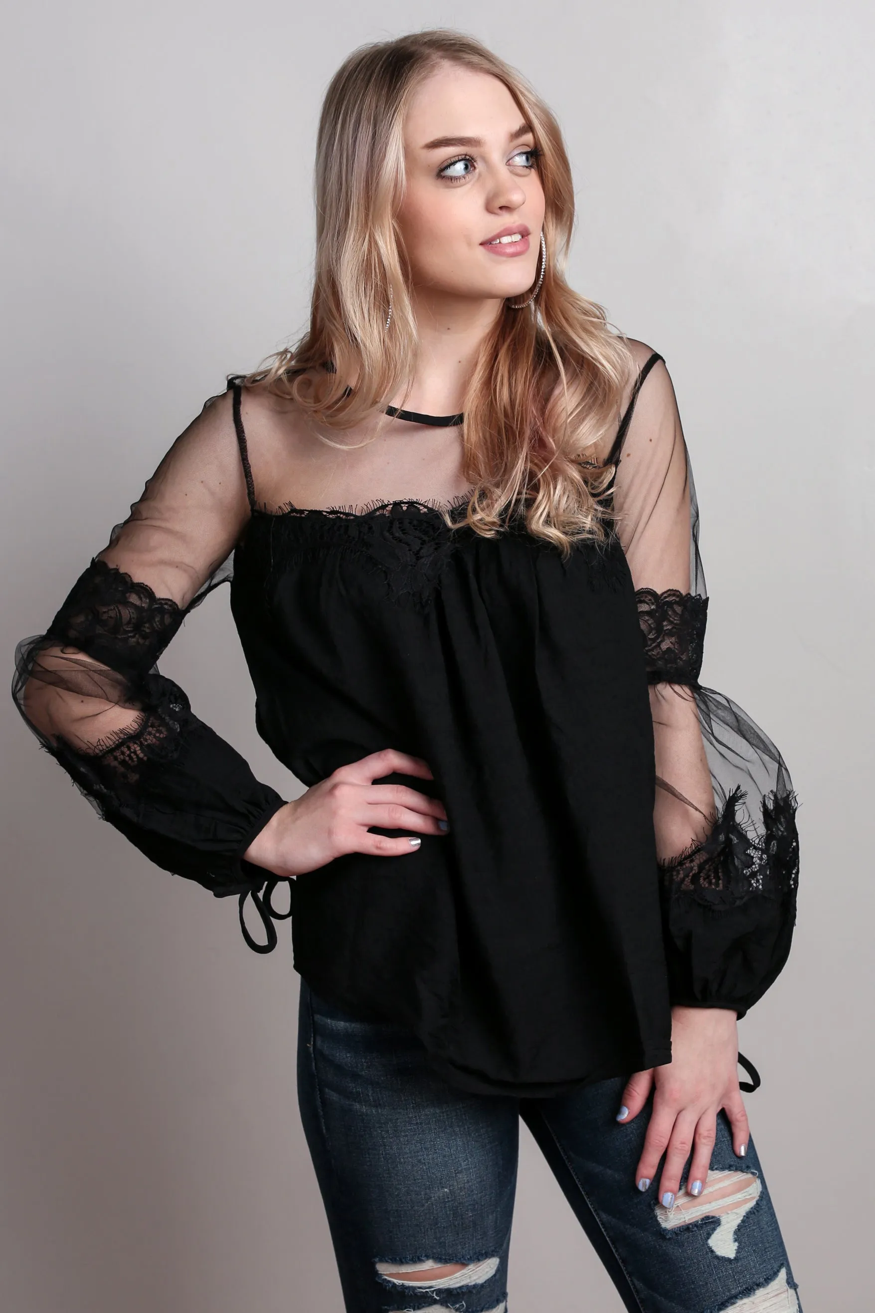 Black Lantern Sleeve Sheer Lace Top