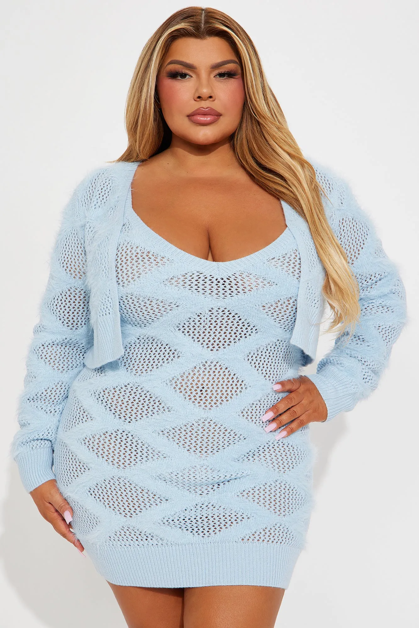 Blythe 2 Piece Sweater Dress Cardigan Set - Light Blue