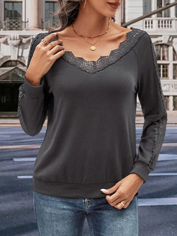 Boho Women's Solid Color V-Neck Lace Trim Long Sleeved Top