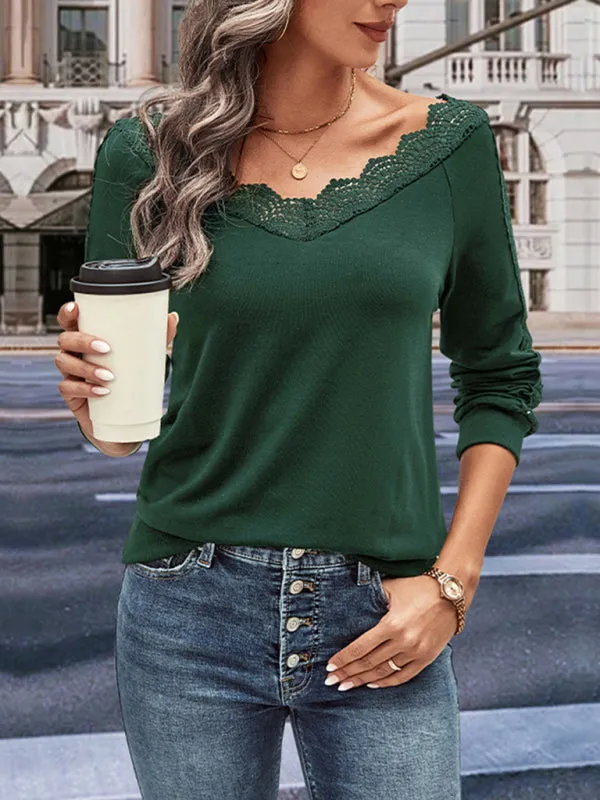 Boho Women's Solid Color V-Neck Lace Trim Long Sleeved Top