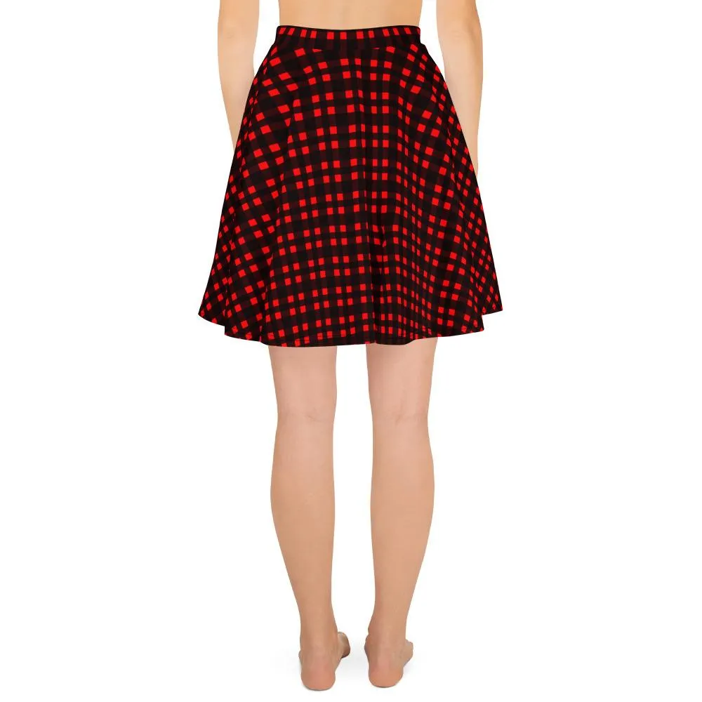 Buffalo Red Plaid Skater Skirt, Plaid Flannel Print Women's Skater Skirt- Made in USA/EU (US Size:XS-3XL)