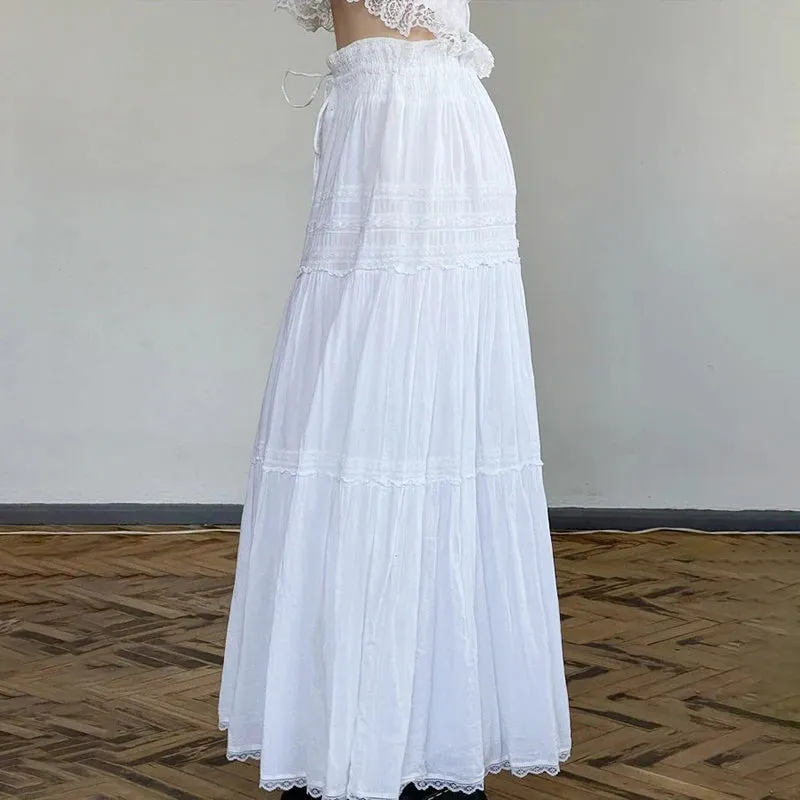 Chic Boho Vacation White Maxi Skirt Loose Low Waist Fashion Lace Trim Folds Female Skirt Long Tie Up Fairycore Bottom