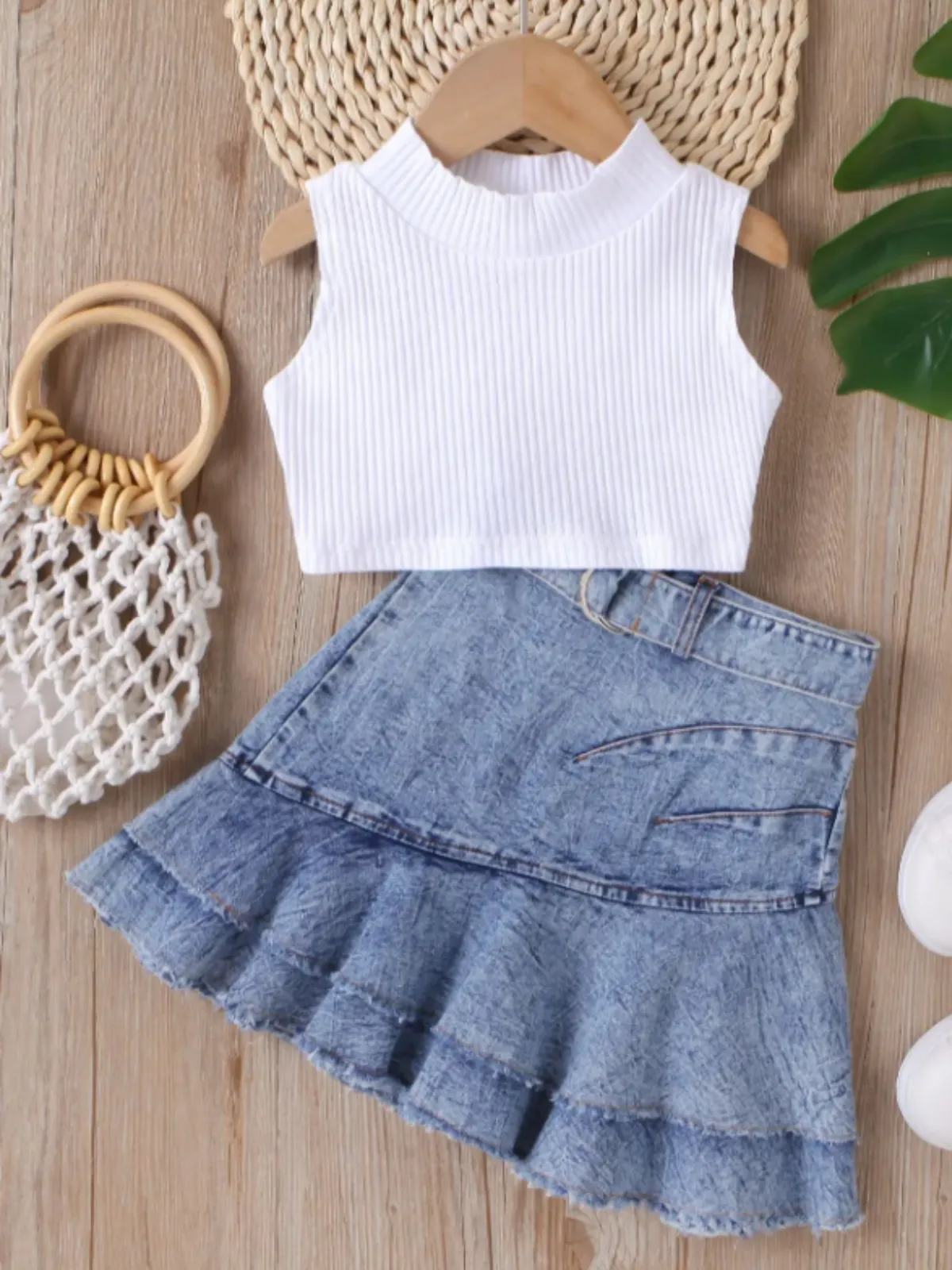 Classic Casual Tank and Pleated Denim Skirt Set