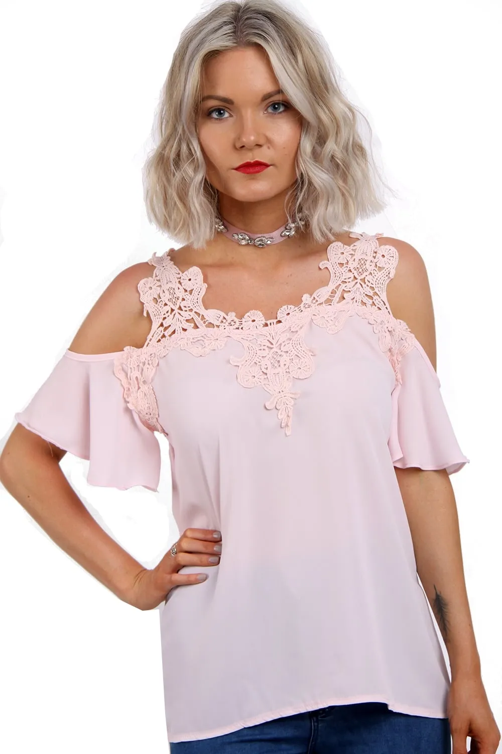 Cold Shoulder Frill Lace Applique Blouse Top