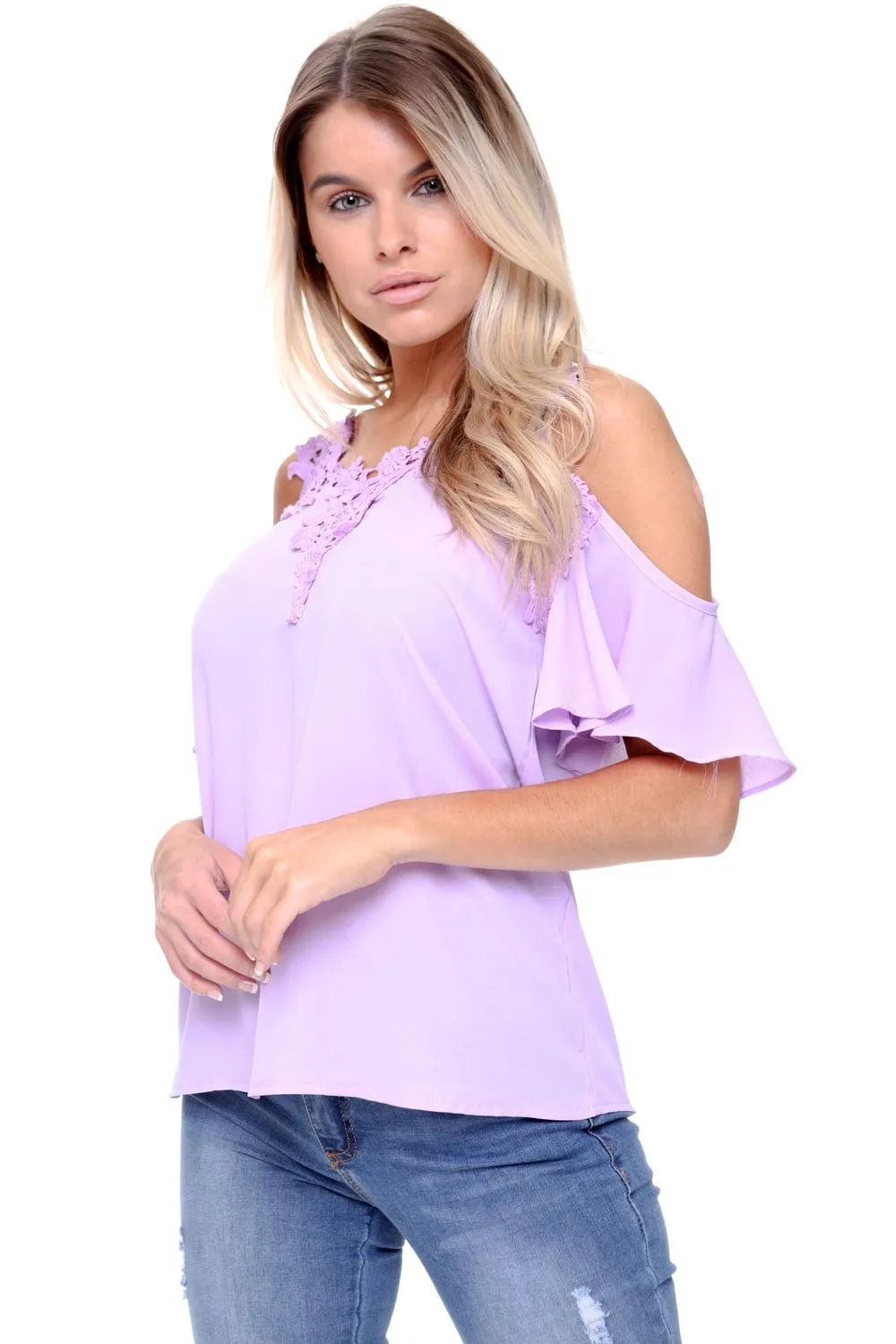 Cold Shoulder Frill Lace Applique Blouse Top