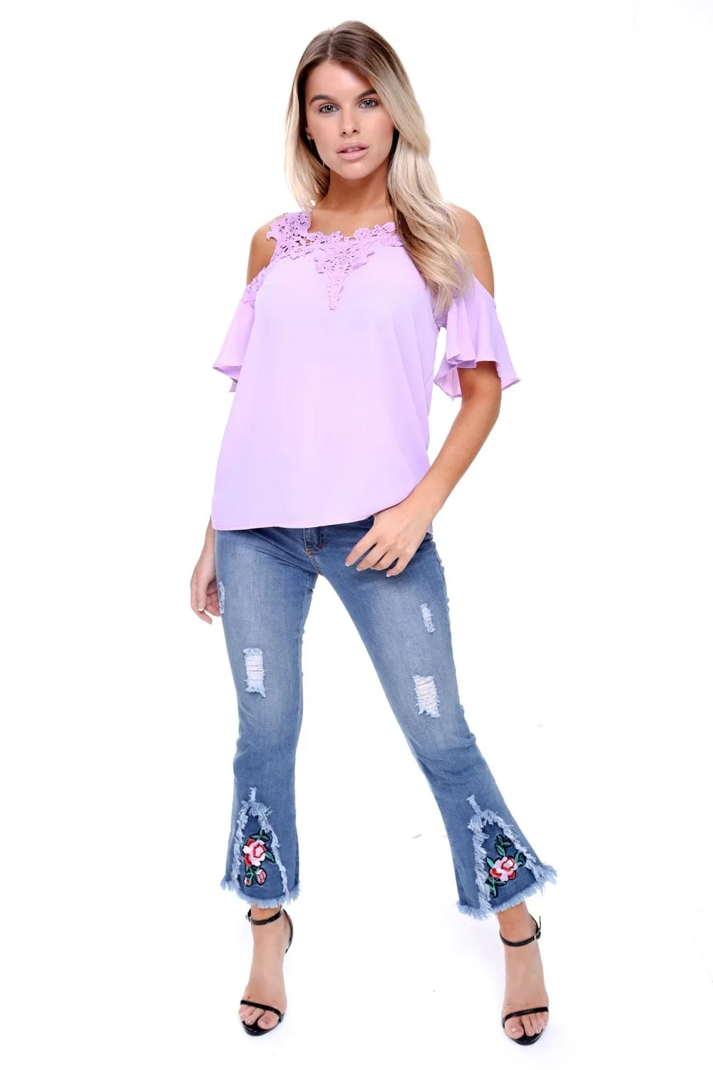 Cold Shoulder Frill Lace Applique Blouse Top