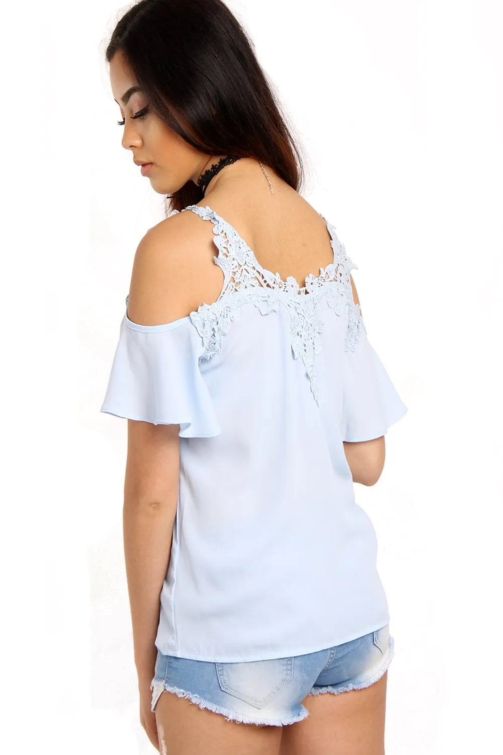 Cold Shoulder Frill Lace Applique Blouse Top