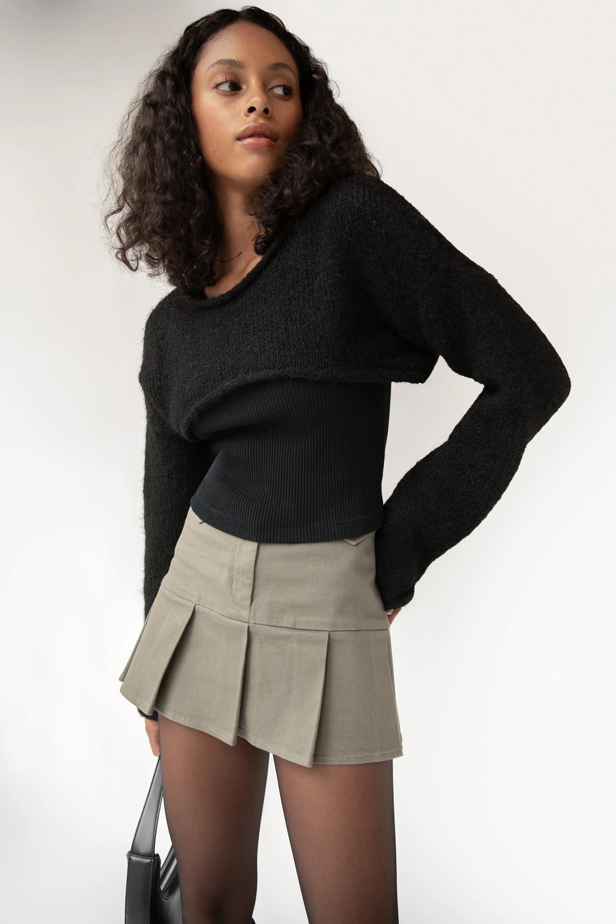 COTTON TWILL PLEATED MINI SKIRT