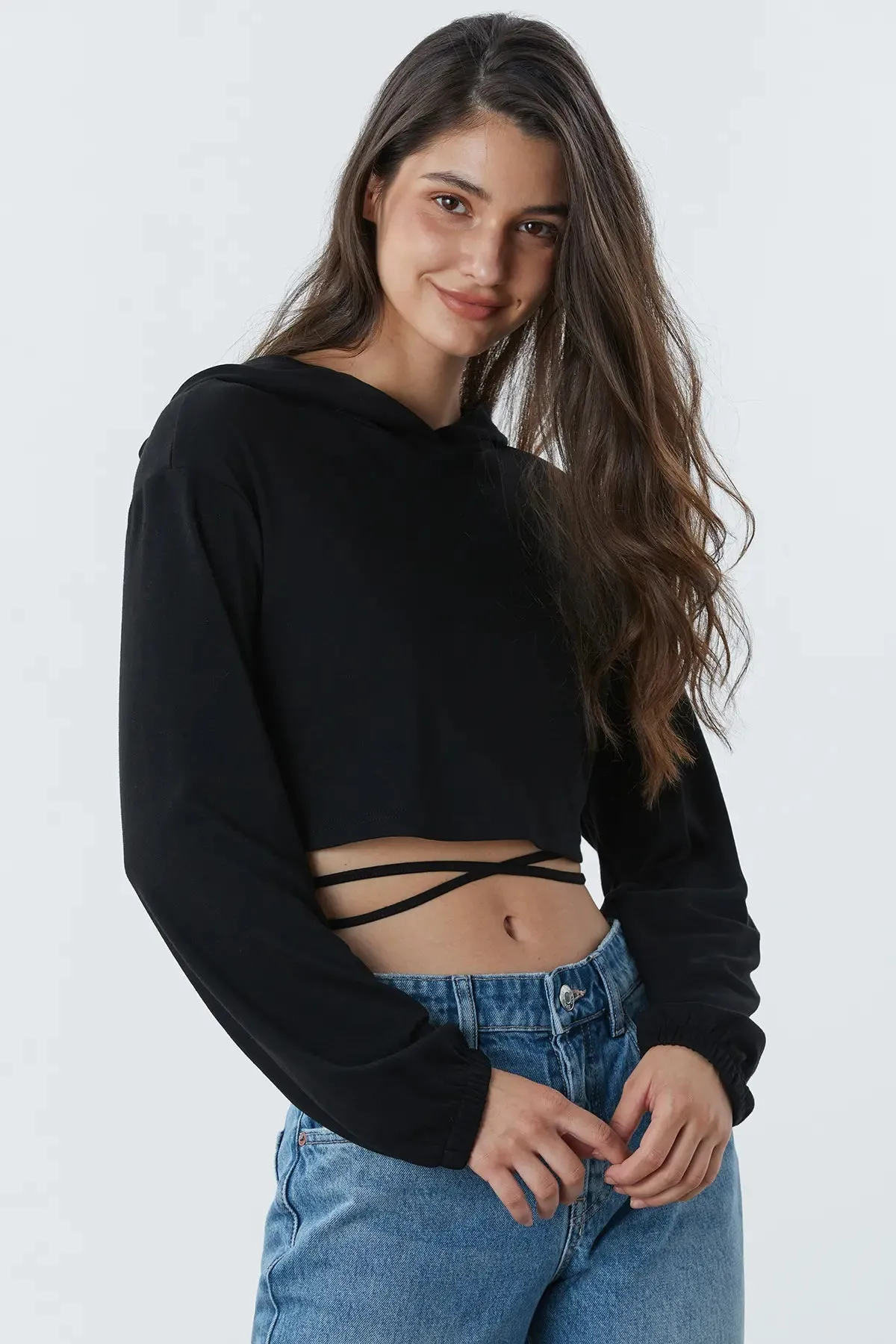 Drawstring Criss Cross Crop Hoodie