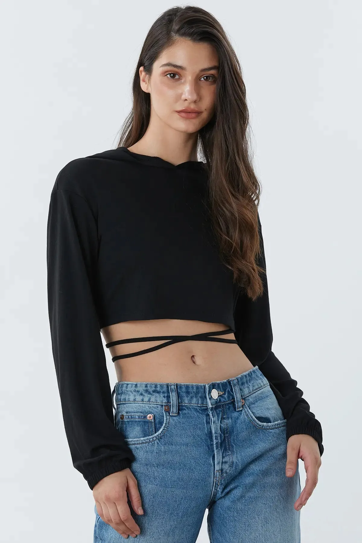 Drawstring Criss Cross Crop Hoodie