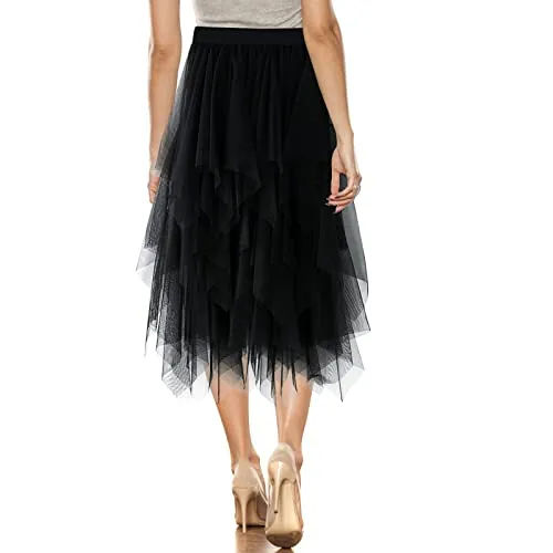 Elegant Women's Asymmetrical Tulle Skirt High Low 3 Layered Midi One Size