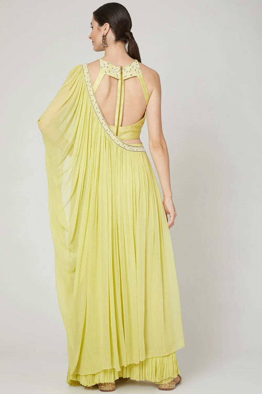 Embroidered Lime Yellow Draped Saree Set