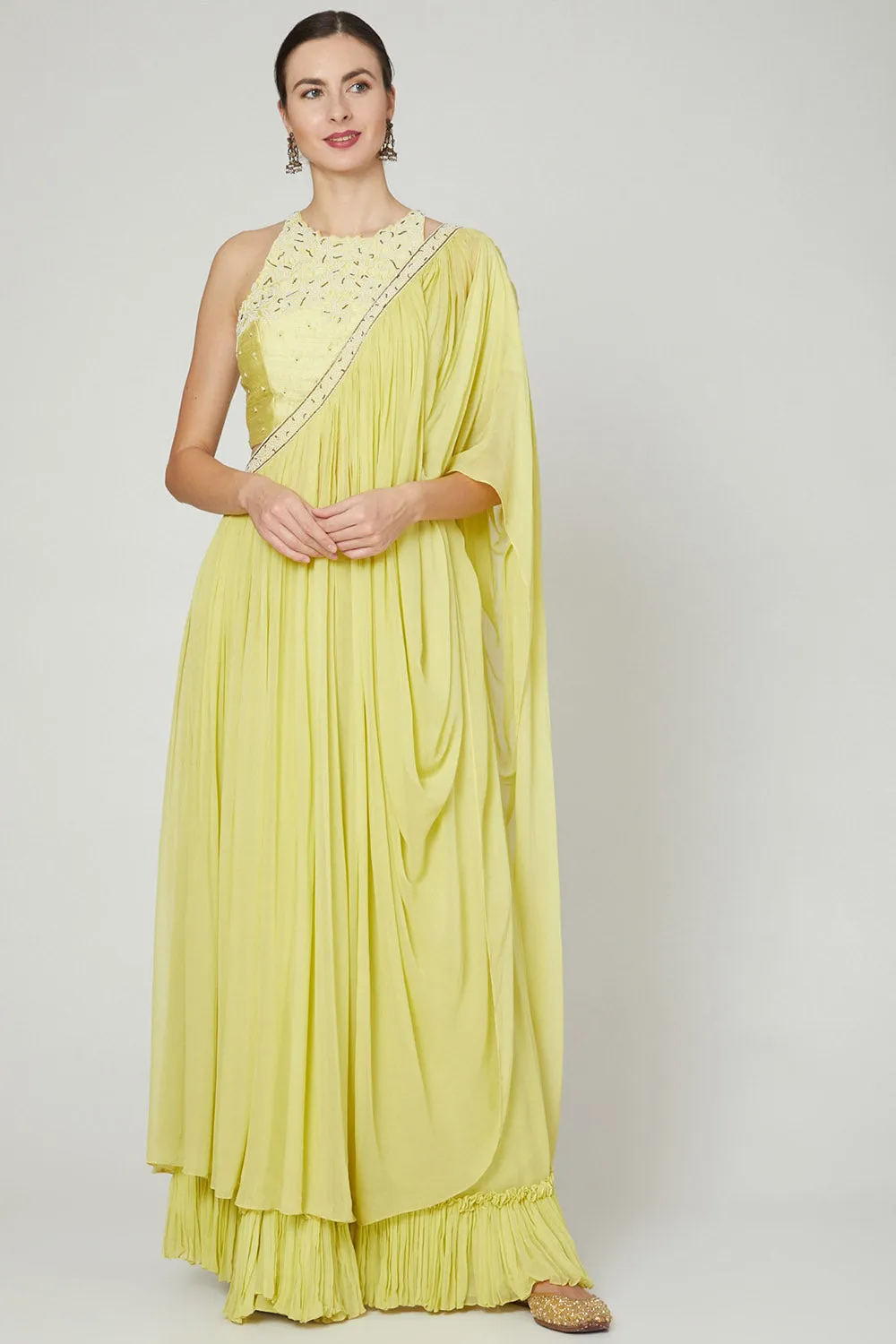 Embroidered Lime Yellow Draped Saree Set