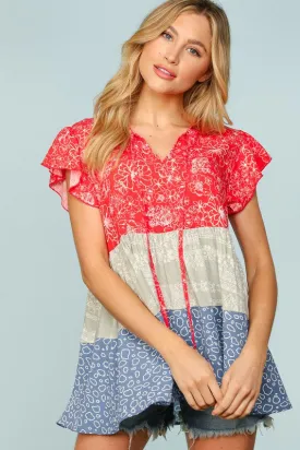 Floral Color Block Woven Top