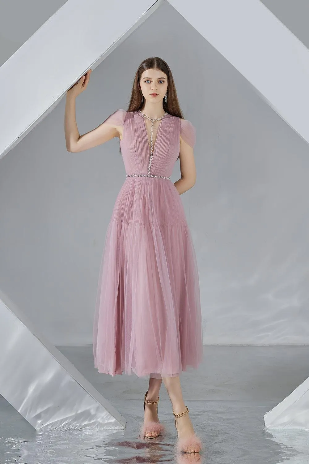 Florence A-line Cold Shoulder Sleeved Organza Midi Dress