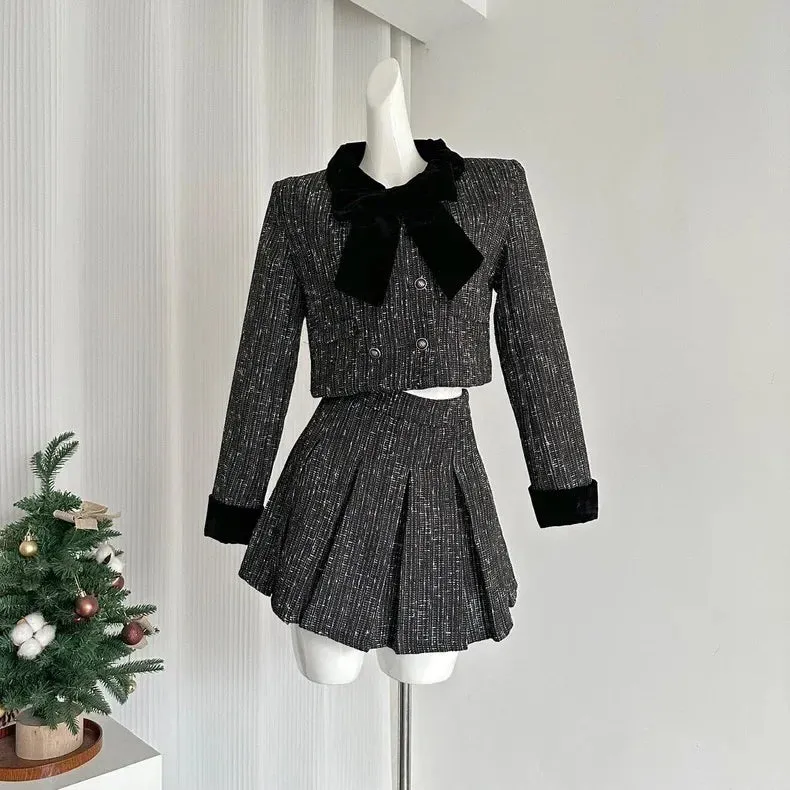 Girlary France Winter Elegant Party Two Piece Set Women Bow Short Coat   High Waisted Pleated Skirt Korea Fashion Design Skirt Sets 2024