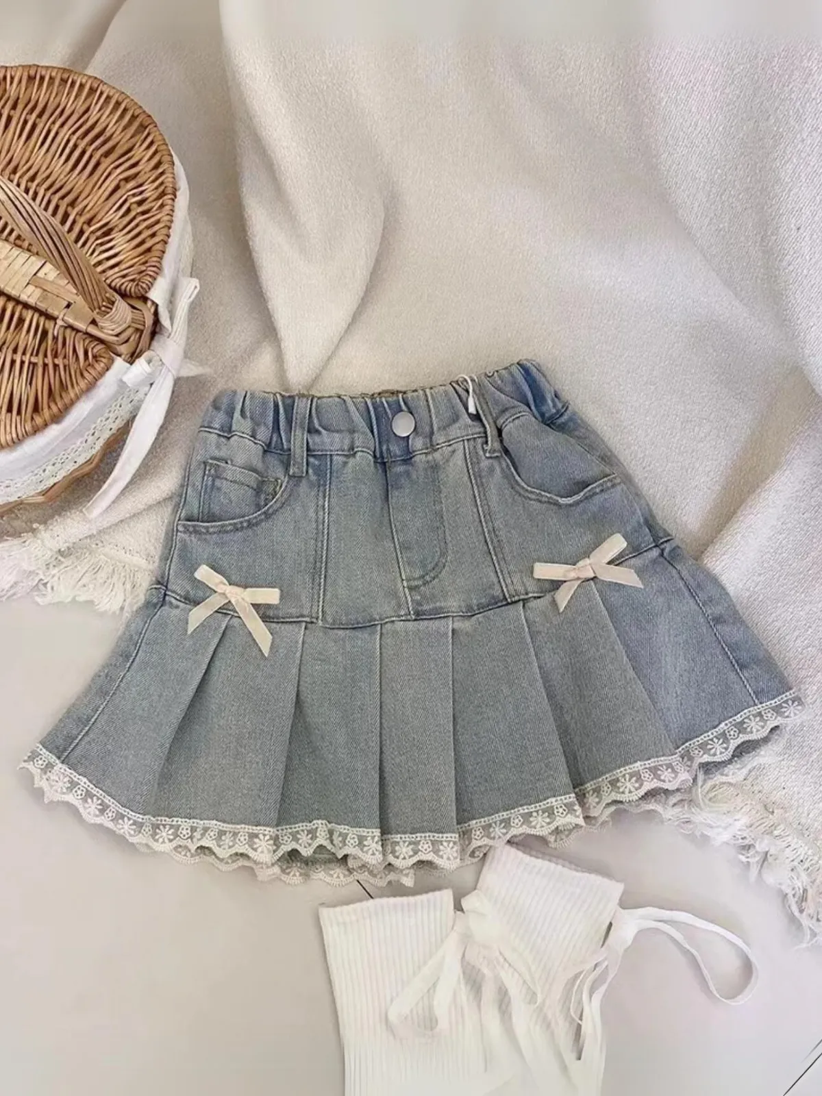 Girls Fashionable Pleated Denim Skirt with Lace Trim and Bows