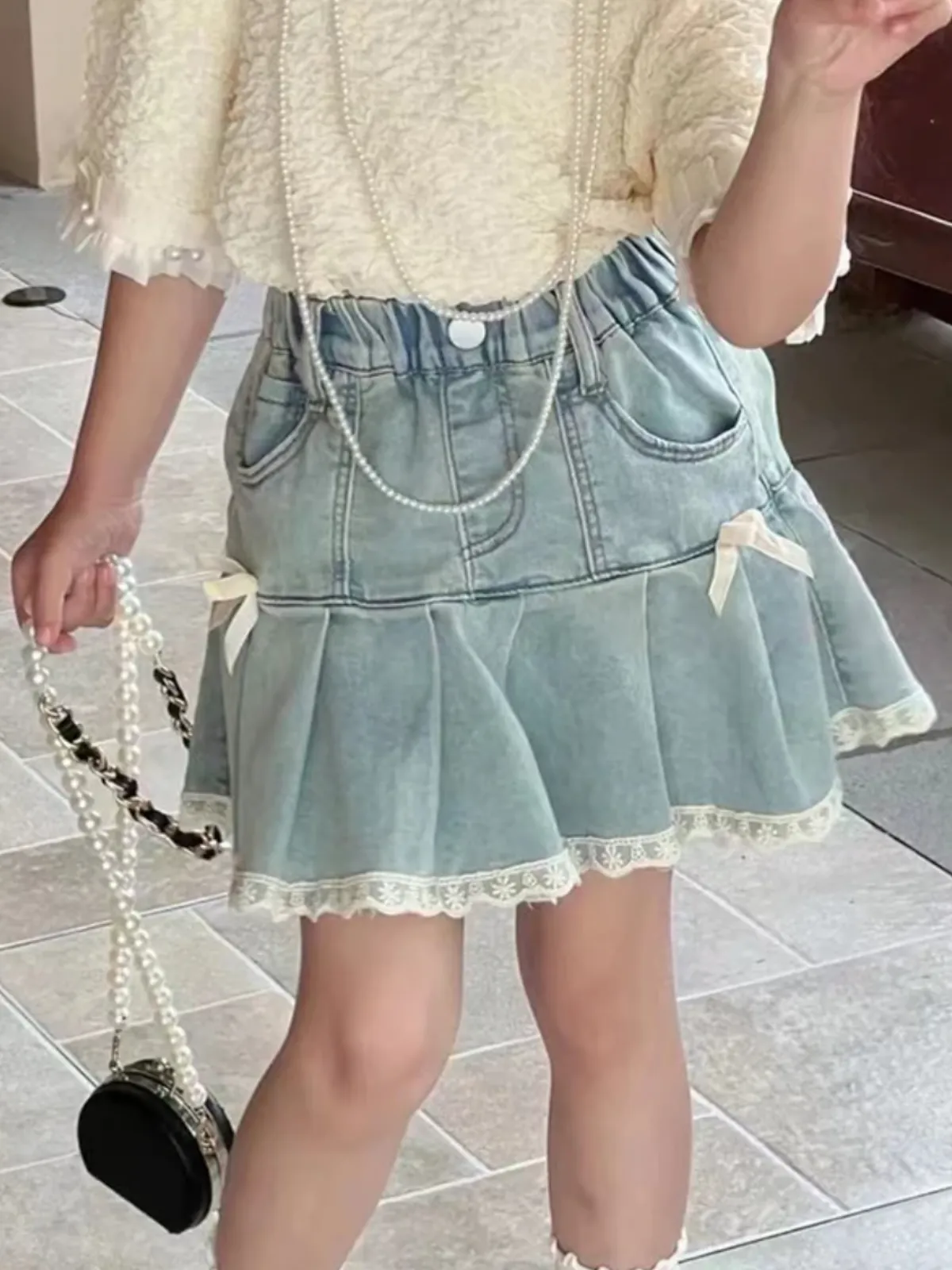 Girls Fashionable Pleated Denim Skirt with Lace Trim and Bows