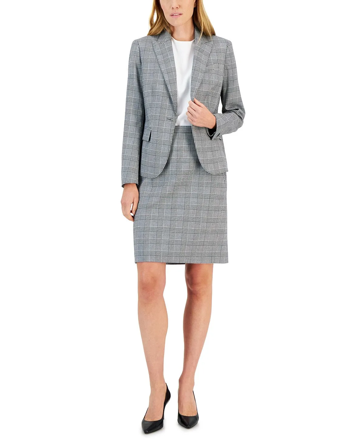 Glen Anne Klein Women's One-Button Plaid Skirt Suit, Multi