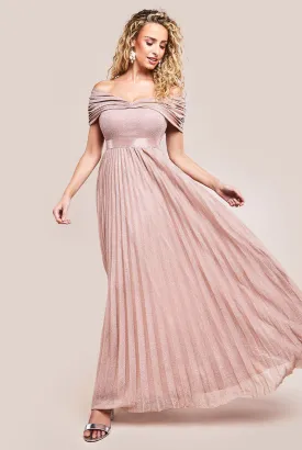 Goddiva Bardot Pleated Skirt Maxi Dress - Blush