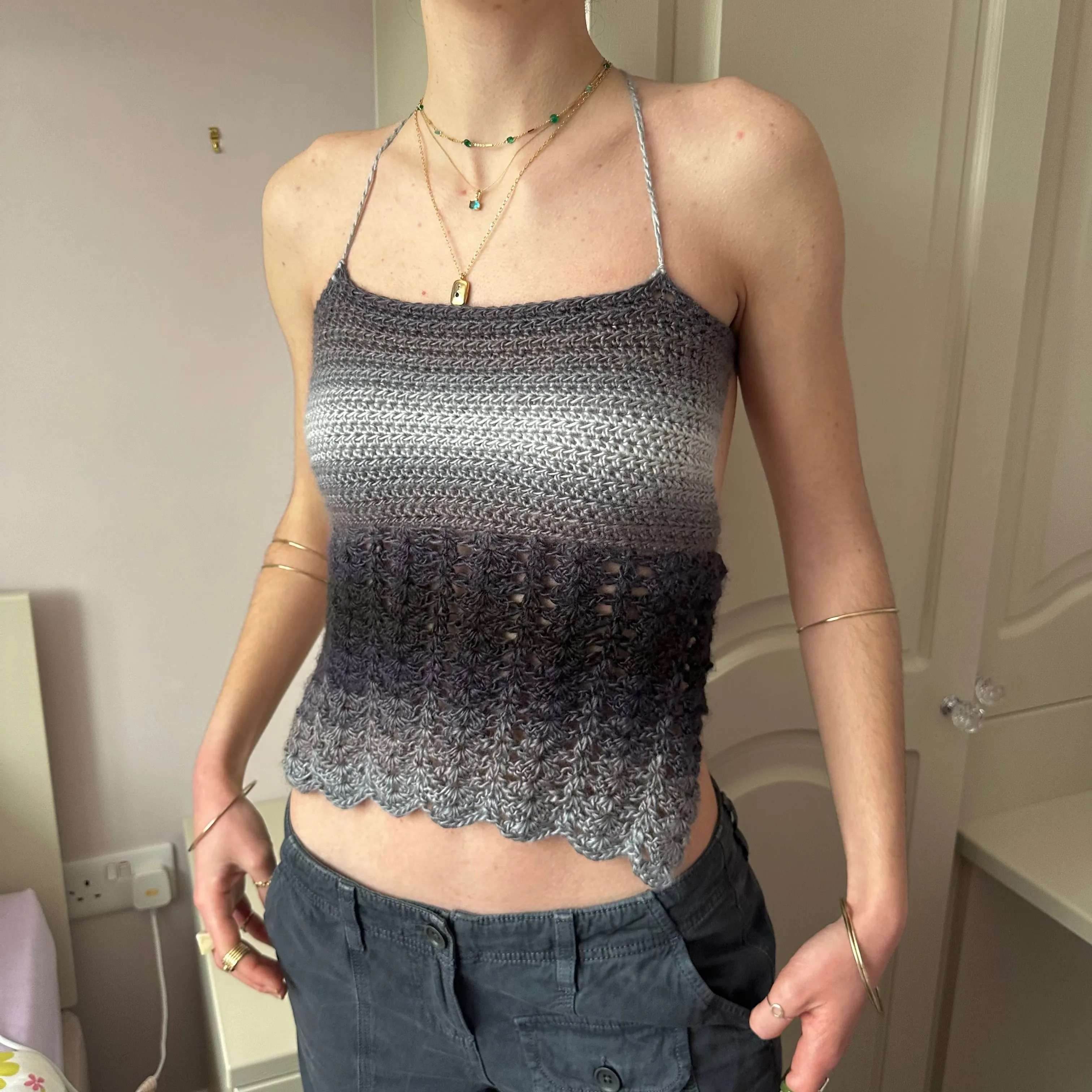 Handmade crochet lace cami top in ombré grey and black