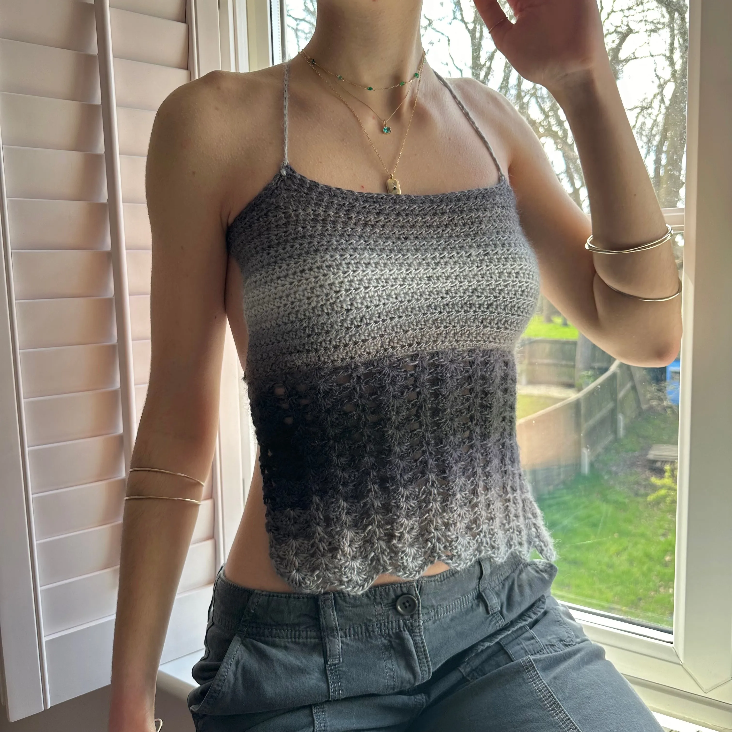 Handmade crochet lace cami top in ombré grey and black