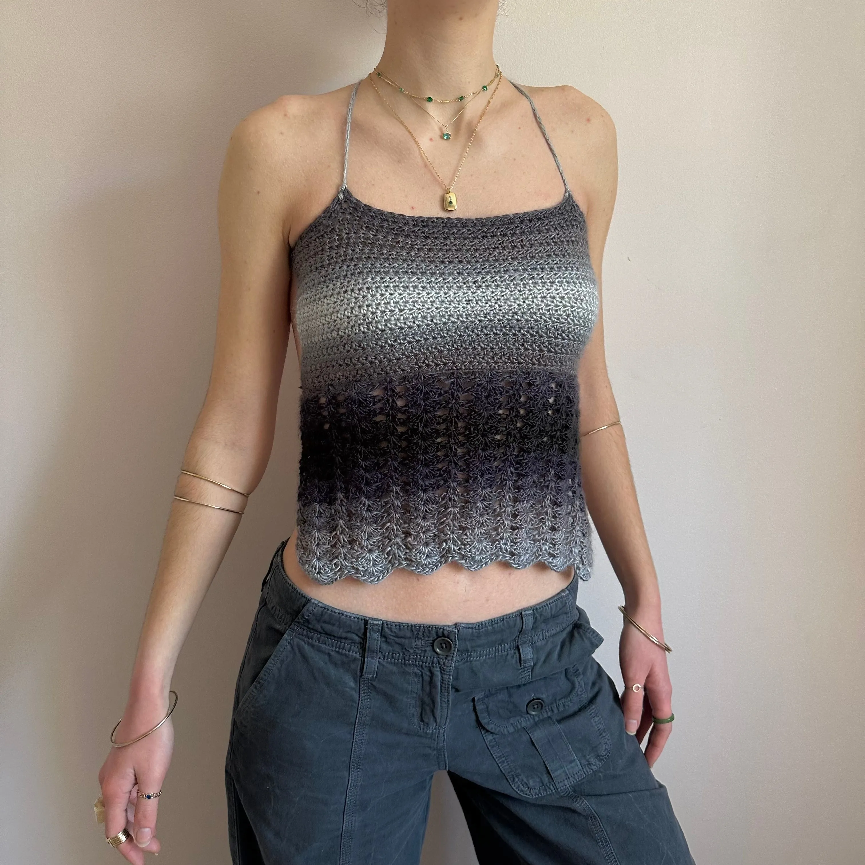 Handmade crochet lace cami top in ombré grey and black