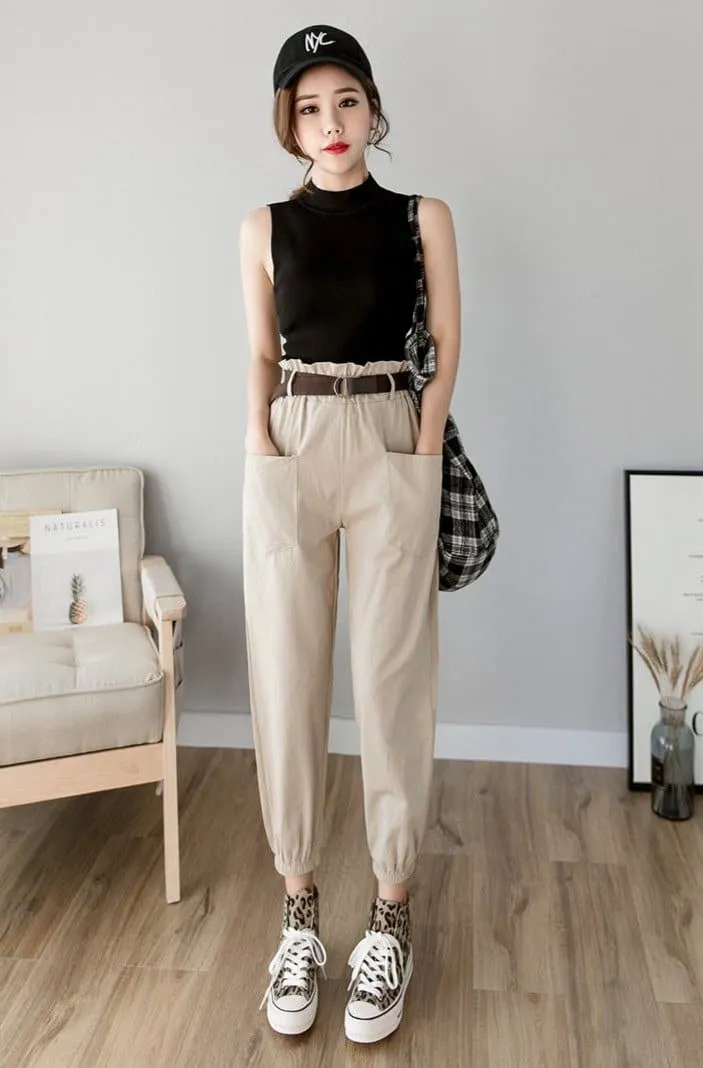 High-Waist Ankle-Length Pants With Elastic Waist