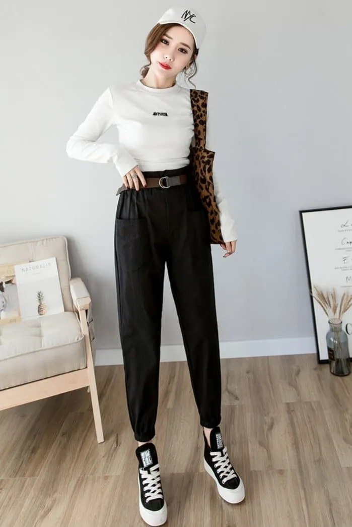 High-Waist Ankle-Length Pants With Elastic Waist