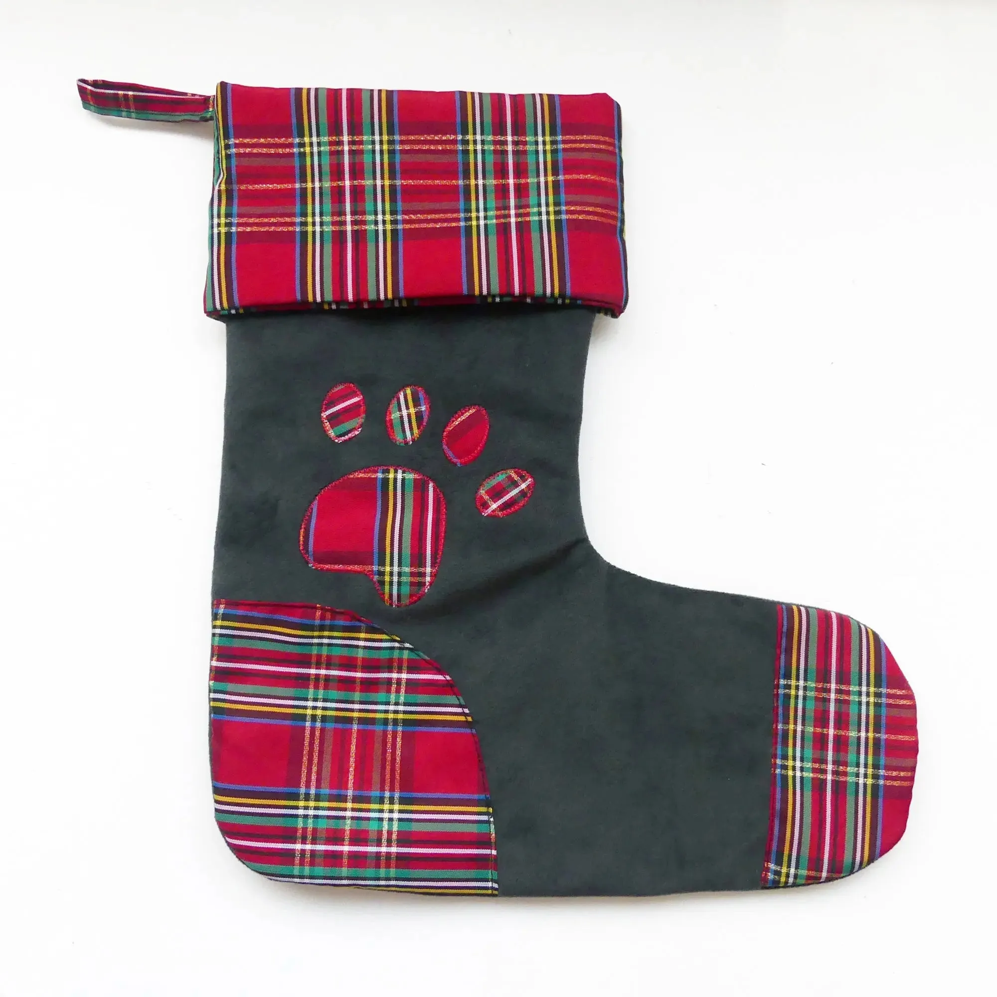 Holiday Tartan Paw Applique Stocking