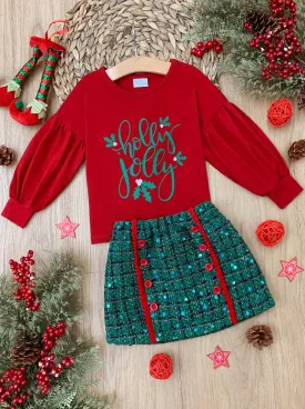 Holly Jolly Sparkle Plaid Skirt Set